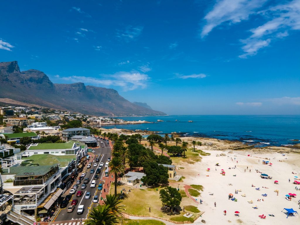 view from The Rock viewpoint in Cape Town over Campsbay, view over Camps Bay with fog over the ocean